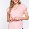 ACTIVE BASIC Lace Trim V-Neck Short Sleeve Ribbed Top - PINK