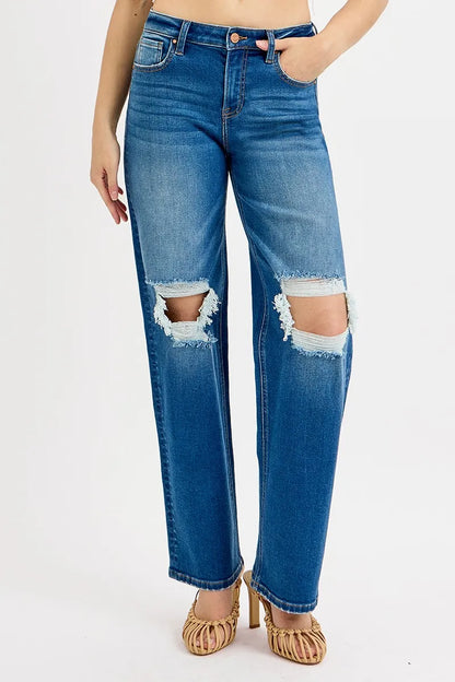 RISEN Full Size Mid Waist Fit Boyfriend Knee Distressed Jeans Plus Size - Farnelli