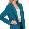 Zenana Woven Long Sleeve Blazer With Lining - TEAL