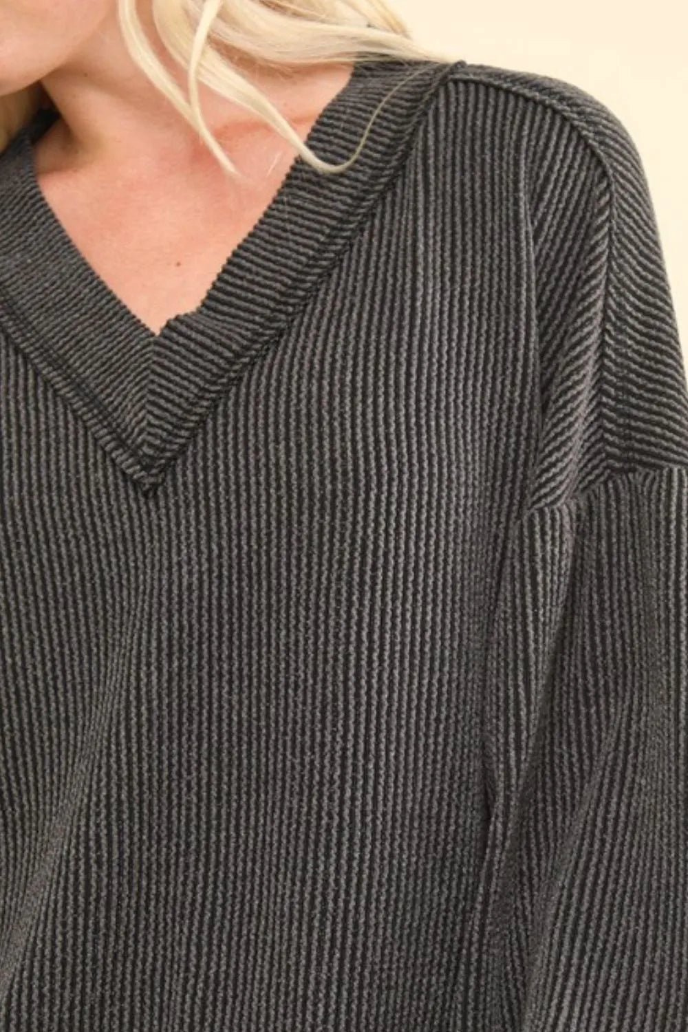 VERY J Two Tone Ribbed V-Neck Exposed Seam Top - Farnelli