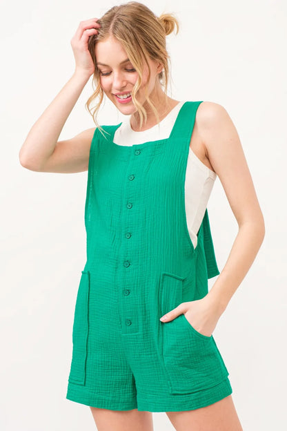 And The Why Button Up Tie Back Sleeveless Romper - Farnelli