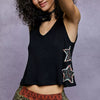 POL Star Patch V-Neck Cropped Ribbed Tank - Black