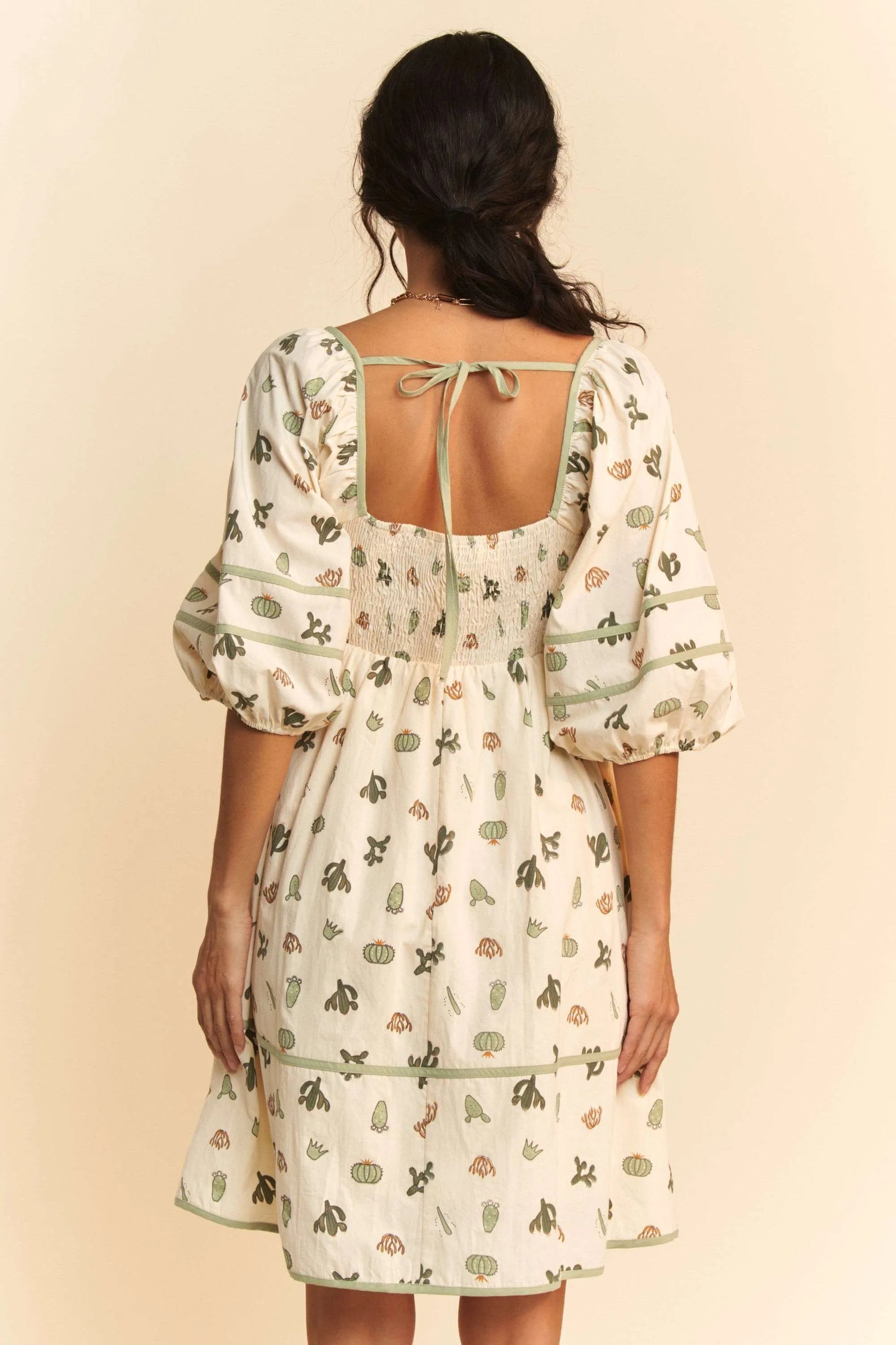 Davi & Dani Cactus Printed Poplin Contrast Piping Mini Dress - Farnelli