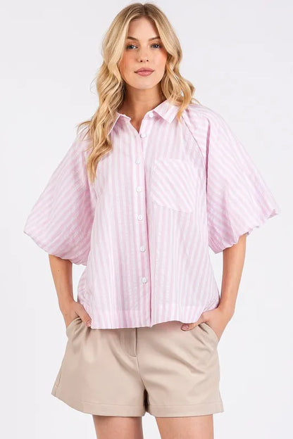 Mittoshop Button Down Striped Puff Sleeve Shirt - Farnelli
