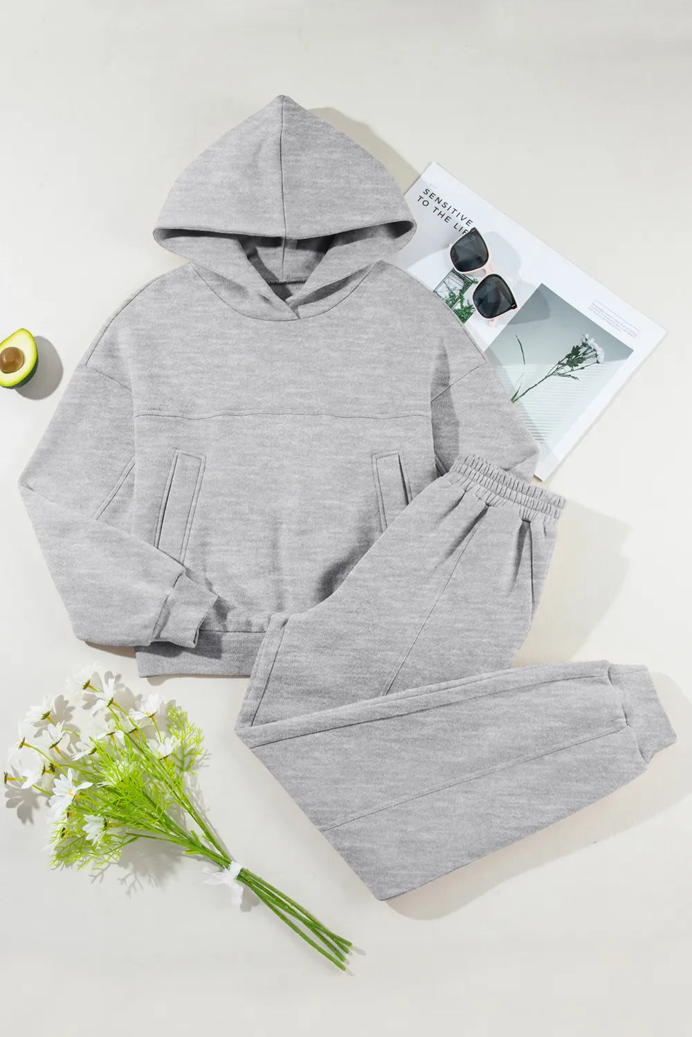 Dropped Shoulder Long Sleeve Hoodie and Pants Active Set - Farnelli