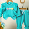 Children's Ruffle Trim Flower Top and Pants Set - Teal