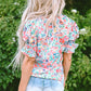 Azaria Floral Print Button Split Neck Puff Sleeve Blouse - Farnelli