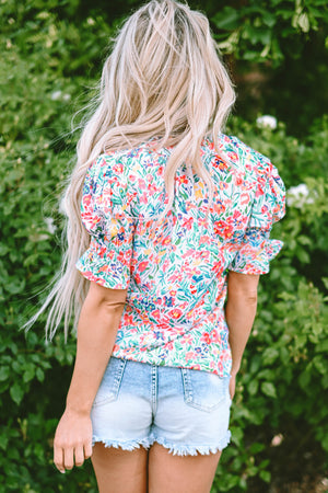 Azaria Floral Print Button Split Neck Puff Sleeve Blouse - Farnelli