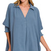Zenana Airflow Collar Tee with Smocked Sleeve Band Top - DUSTY BLUE