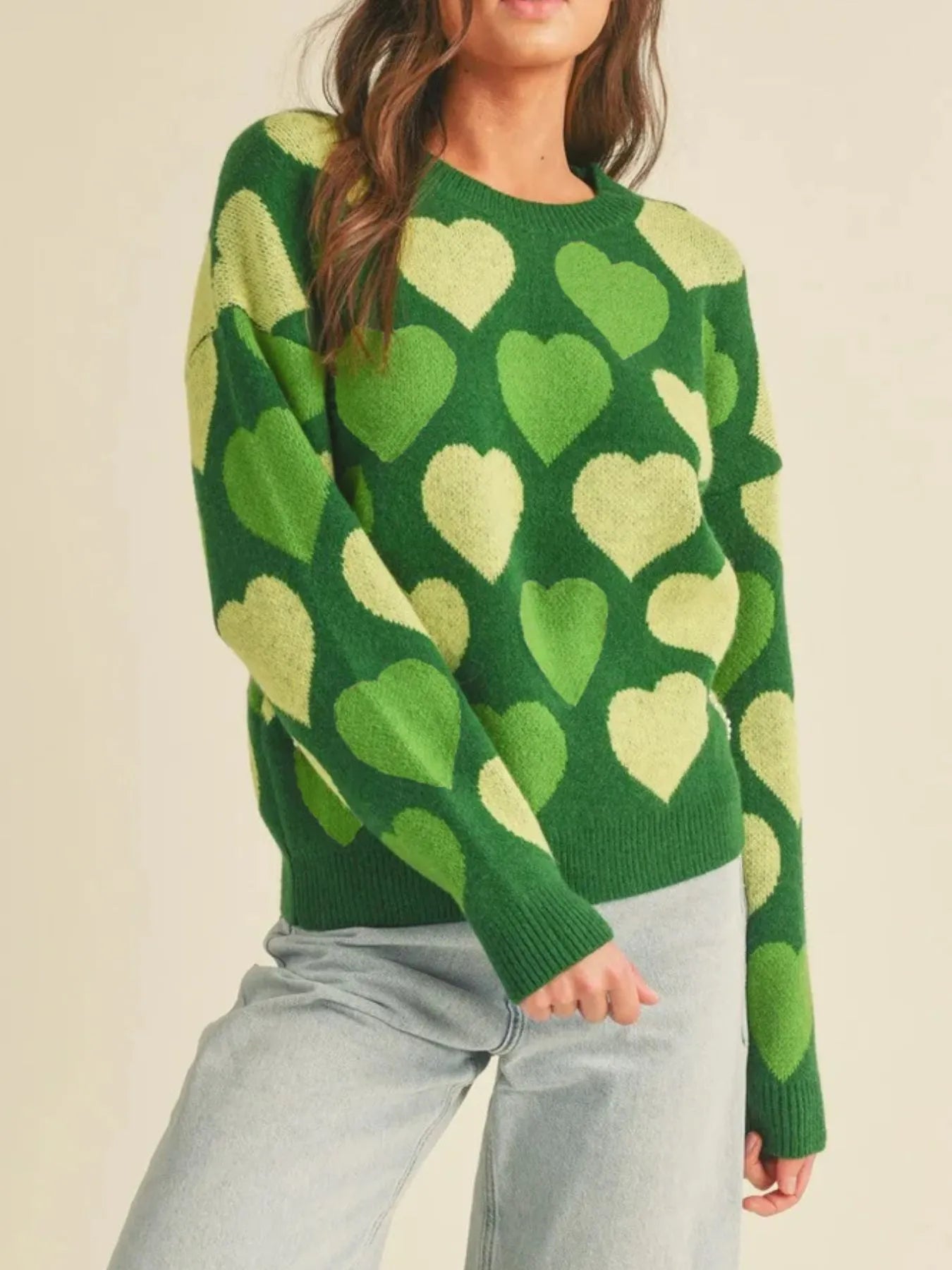 Heart Ribbed Hem Long Sleeve Sweater - Farnelli