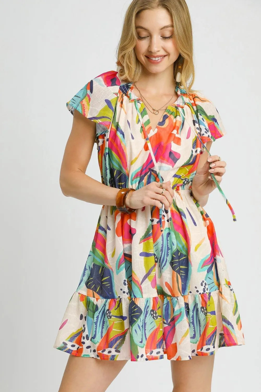 Umgee Printed Tie Neck Ruffled Hem Dress - Farnelli
