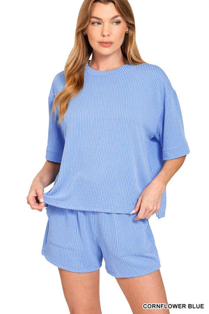 Zenana Raised Rib Short Sleeve Tee and Drawstring Shorts Set - Farnelli