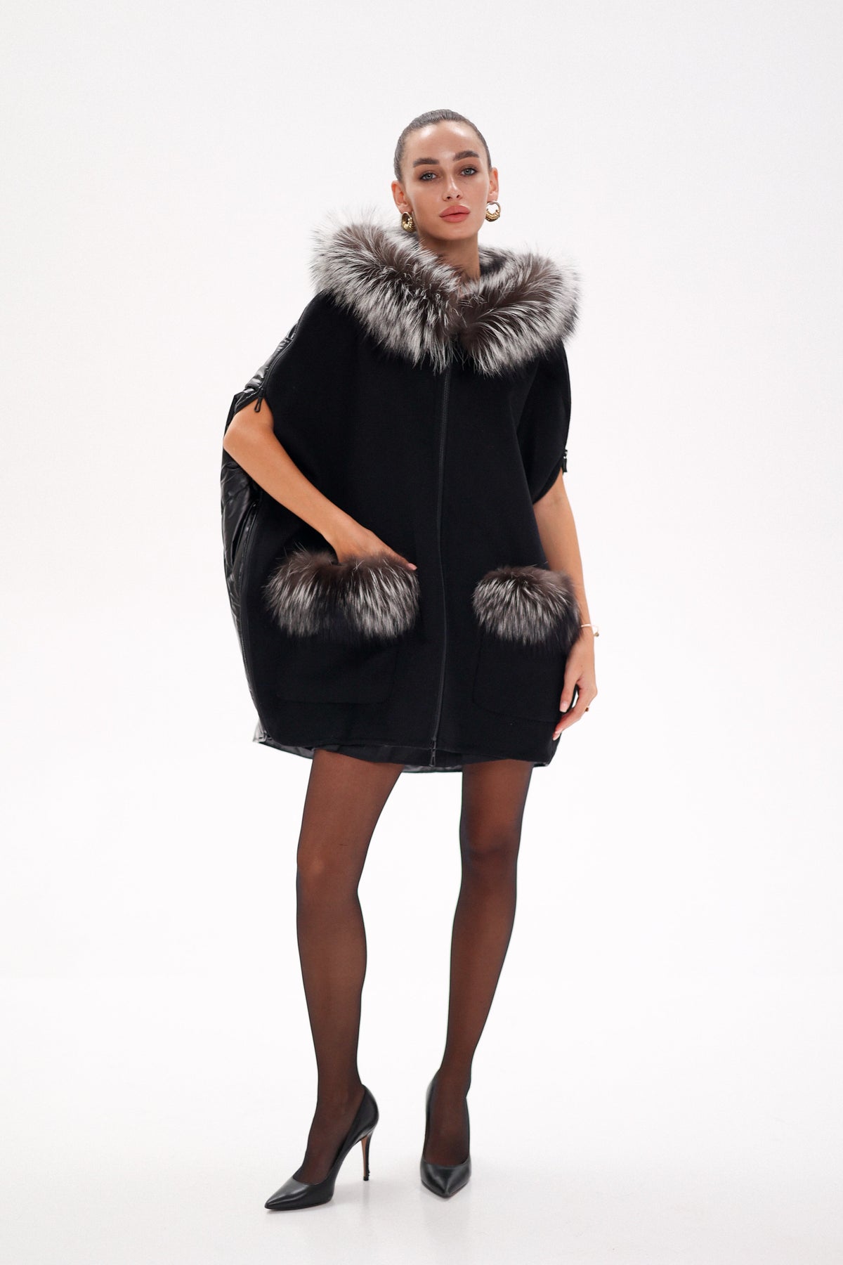 Alaska Outerwear Company black Saga Furs silver fox wool cashmere poncho vest coat