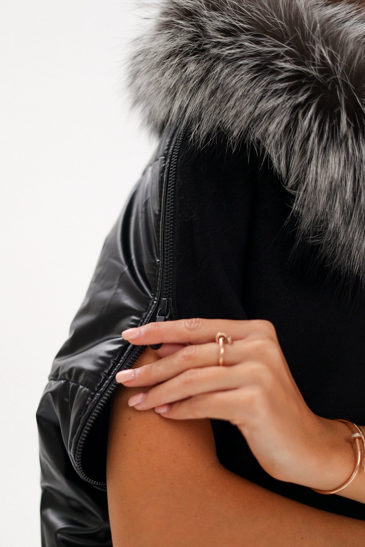 Alaska Outerwear Company black Saga Furs silver fox wool cashmere poncho vest coat