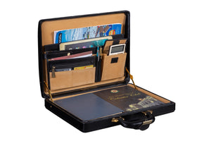 Black men's leather attache briefcase with sturdy handles and sleek design, from Classy Leather Bags.