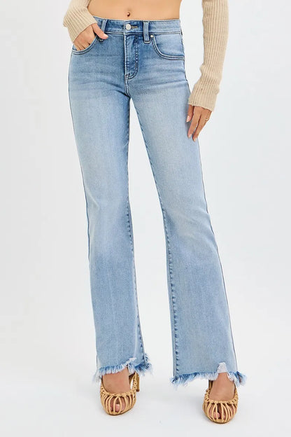 RISEN Full Size Tummy Control Mid Rise Flare Jeans with Fray Hem Detailed Plus Size - Farnelli