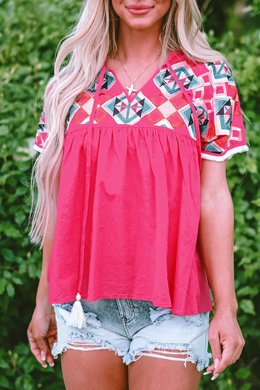 Zayla Embroidered Tassel Tie V Neck Blouse - Farnelli