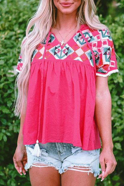 Zayla Embroidered Tassel Tie V Neck Blouse - Farnelli