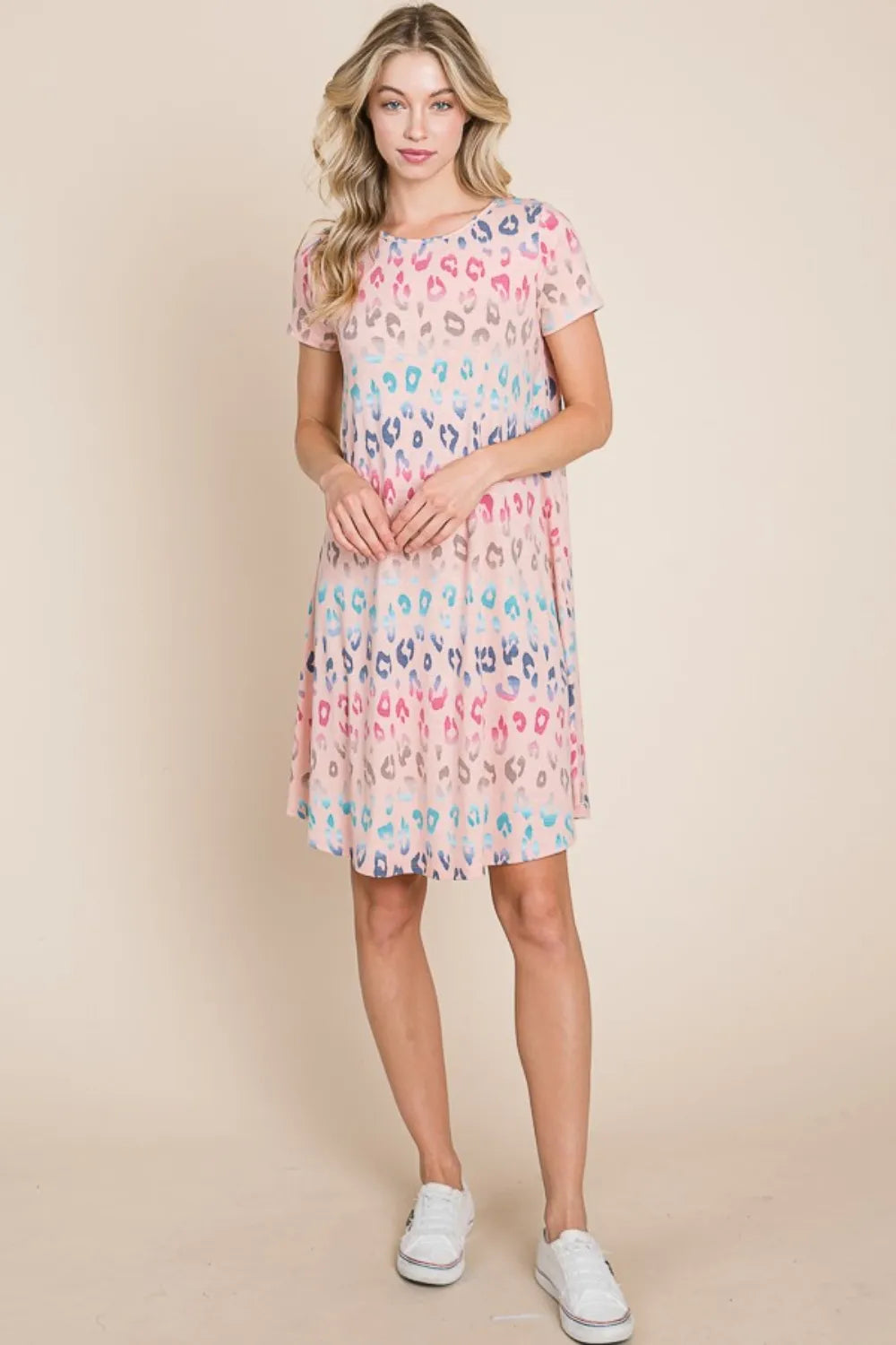 BOMBOM Leopard Round Neck Short Sleeve Dress - Farnelli