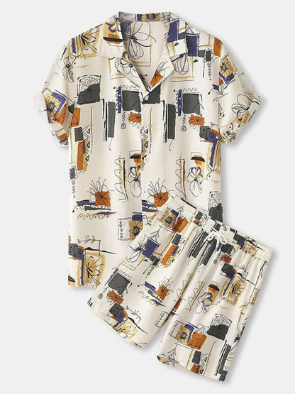 Men's Full Size Printed Button Up Shirt and Shorts Set Plus Size - Farnelli