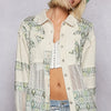POL Printed Crochet Patchwork Button-Up Shirt - Gum Leaf