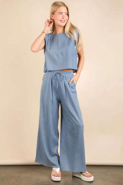 VERY J Solid Woven Top & Pants Set - Farnelli