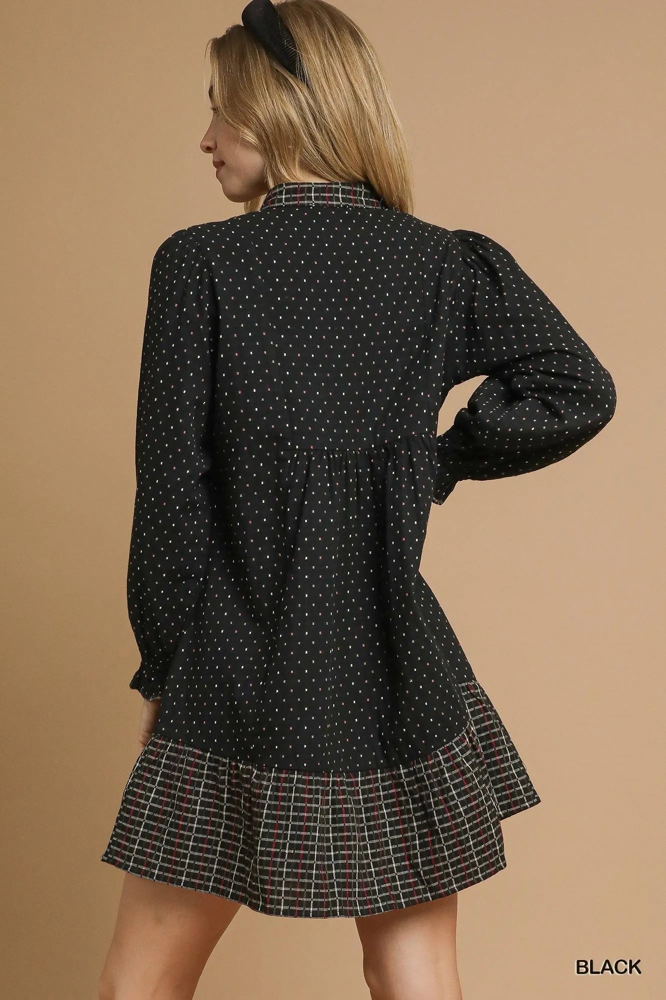 Umgee Polka Dot Plaid Trim Babydoll Dress - Farnelli
