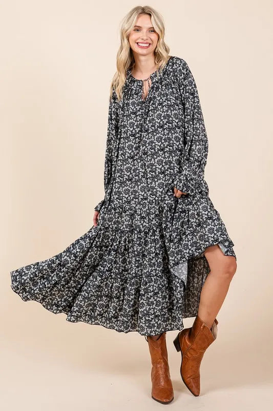 Mittoshop Printed Tie Neck Flounce Sleeve Midi Dress - Farnelli