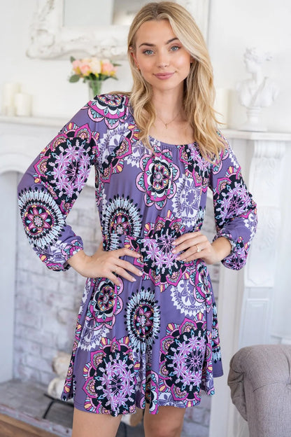White Birch Printed Long Sleeve Mini Dress with Short Liner - Farnelli