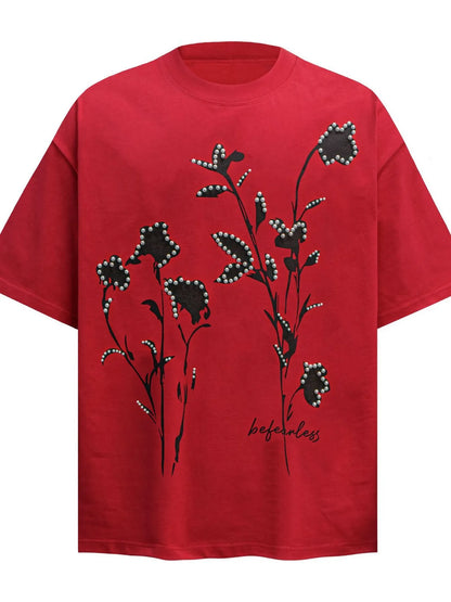 Men's Flower Pearl Detail Oversized Short Sleeve T-Shirt - Farnelli