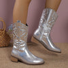 Point Toe Block Heels Boots - Silver