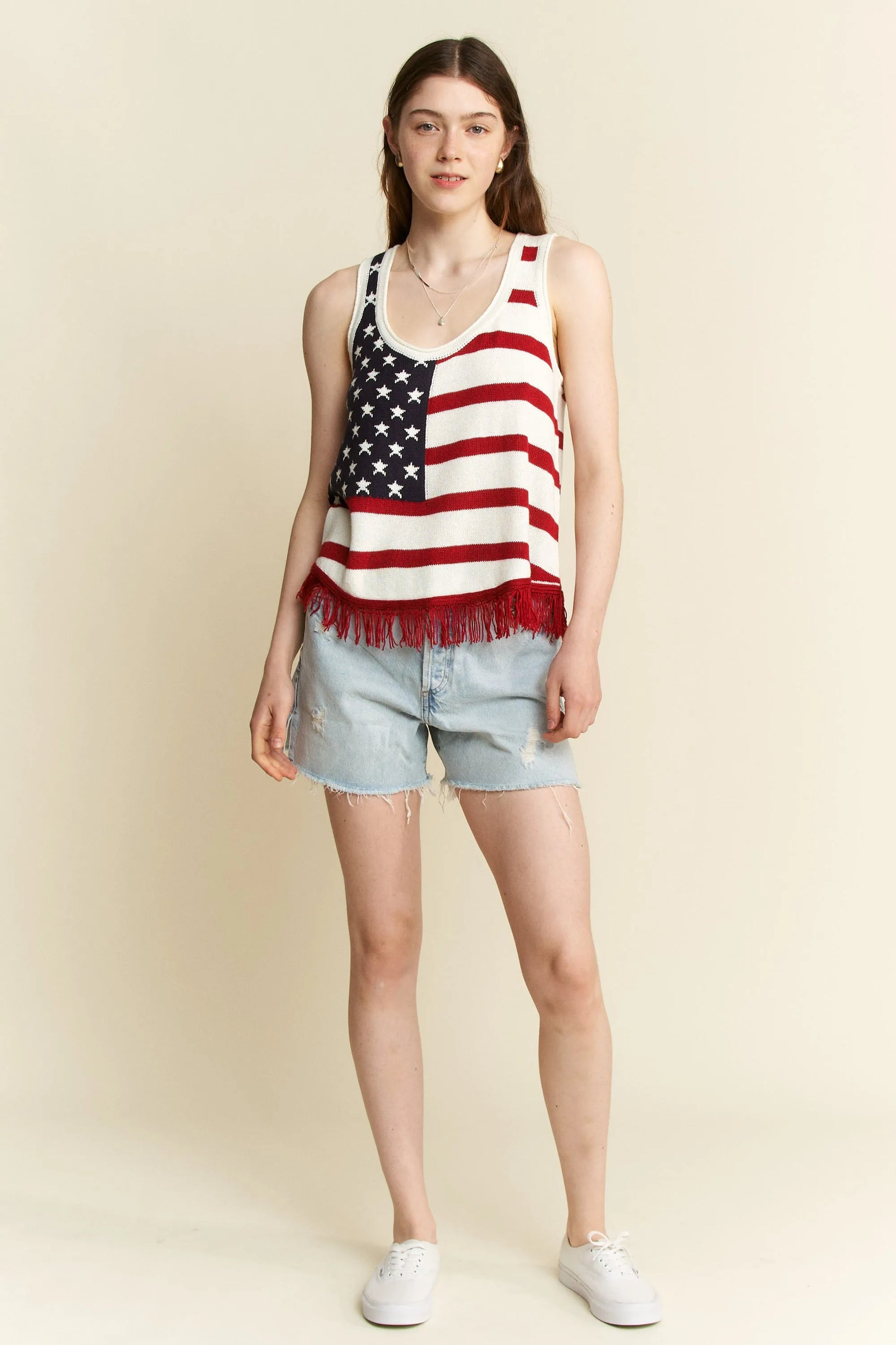 Jade By Jane Full Size American Flag Fringe Tank Top Plus Size - Farnelli