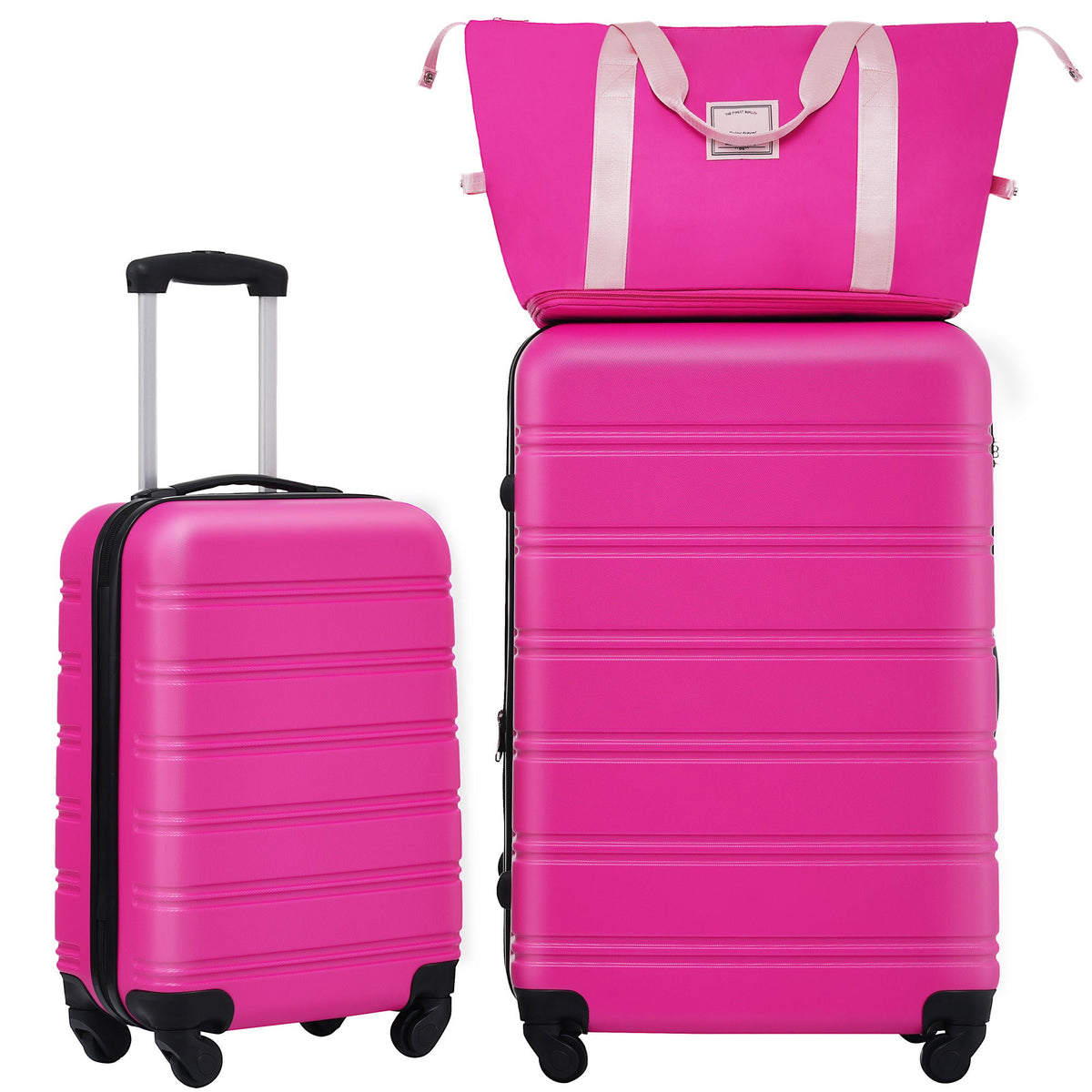 HouseOfZazla pink hardshell luggage set with TSA lock, featuring multiple suitcases in assorted sizes