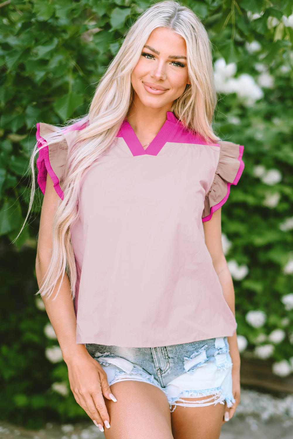 Maci Ruffled Sleeve Frill V Neck Blouse - Farnelli