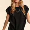 Haptics Pocketed Round Neck Cap Sleeve Knit Top - Black