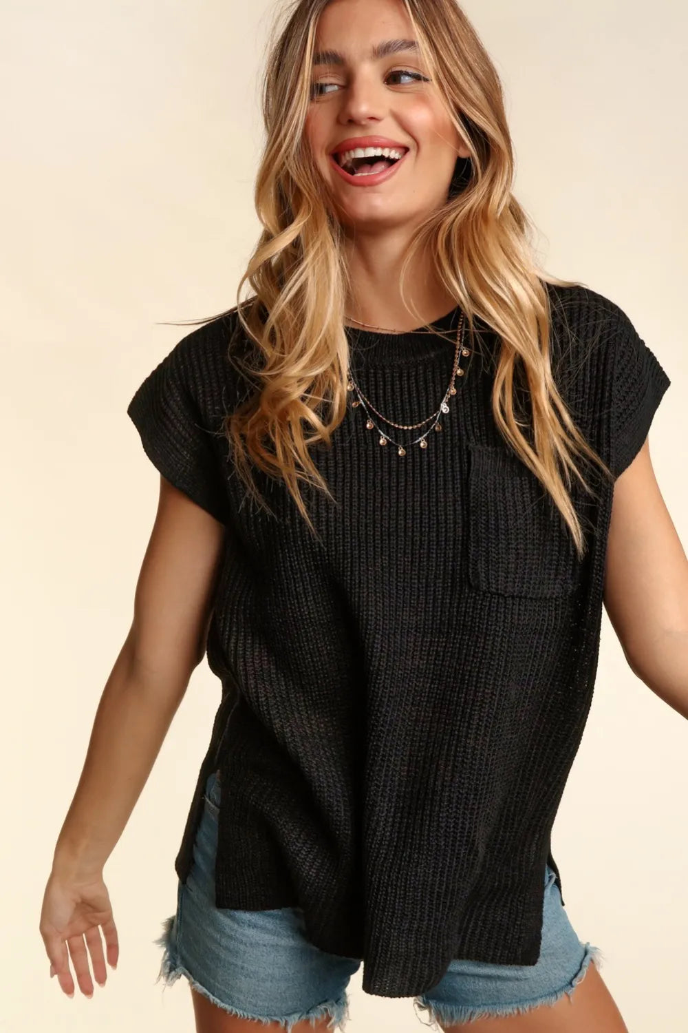 Haptics Pocketed Round Neck Cap Sleeve Knit Top - Farnelli