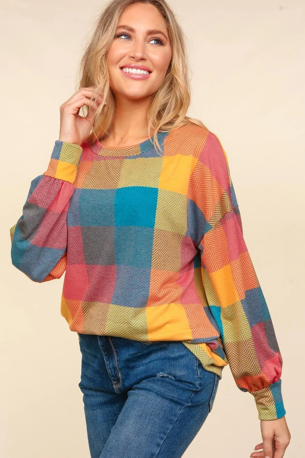Haptics Round Neck Color Block Plaid Top - Farnelli