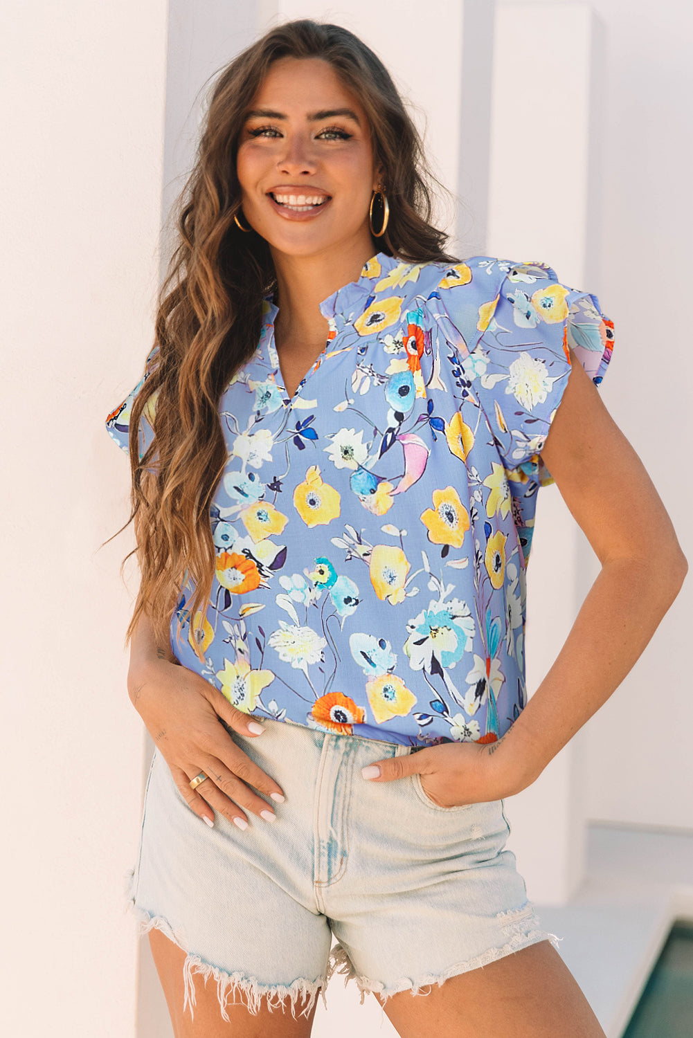 Aadhya Flutter Sleeve V Neck Floral Top - Farnelli