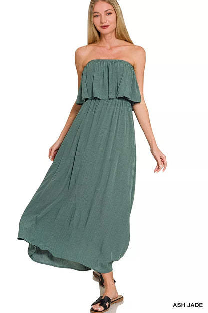 Zenana Woven Crinkle Strapless Maxi Dress - Farnelli