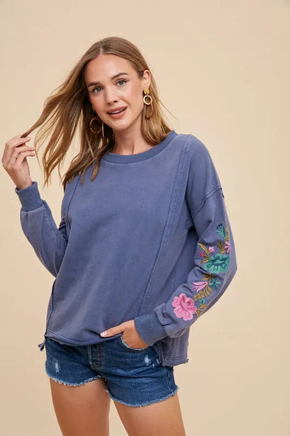 Annie Wear Embroidered Long Sleeve French Terry Top - Farnelli