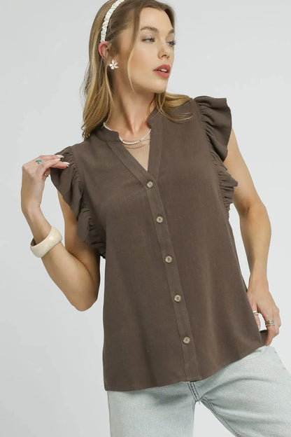 Umgee Linen Ruffle Sleeve Button-Down Shirt - Farnelli