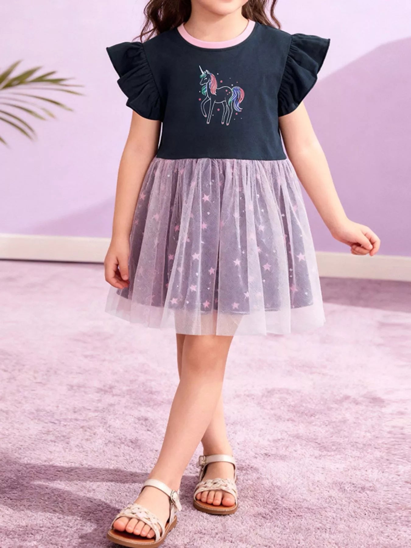 Children's Unicorn Graphic Ruffle Sleeve Tulle Dress - Farnelli