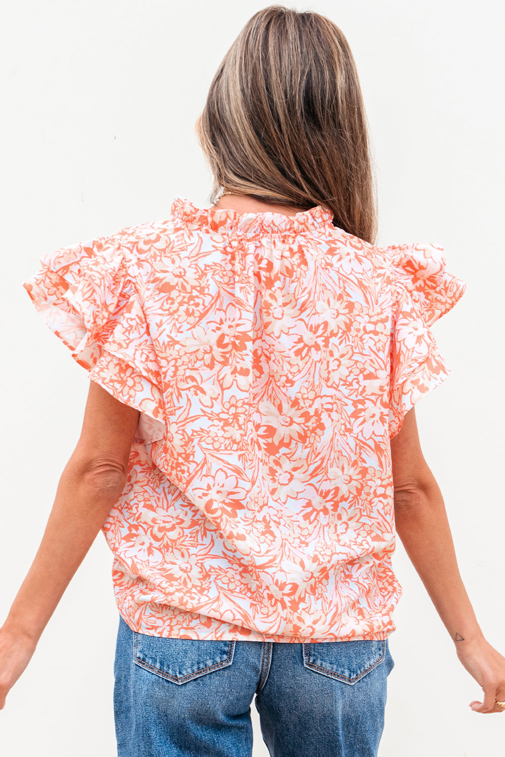 Nancy Floral Ruffle Sleeve Split Neck Blouse - Farnelli