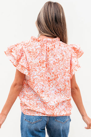 Nancy Floral Ruffle Sleeve Split Neck Blouse - Farnelli