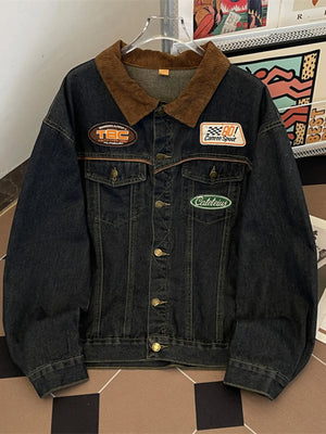 Men's Plus Size Corduroy Collar Button Up Denim Jacket - Farnelli