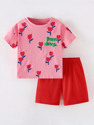 Children's Flower Round Neck Tee and Shorts Set - Farnelli