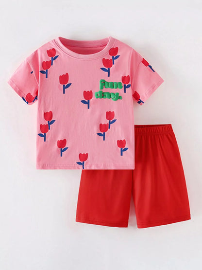 Children's Flower Round Neck Tee and Shorts Set - Farnelli