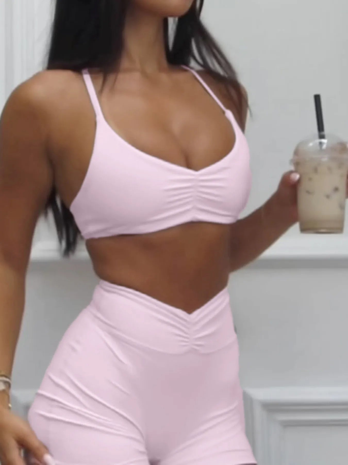 Ruched Sports Bra and High-Waisted Shorts Active Set - Farnelli