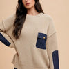 Annie Wear Contrast Round Neck Drop Shoulder Sweater with Patch Pocket - Khaki