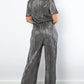 Be Stage Surplice Short Sleeve Pleated Foil Jumpsuit - Farnelli